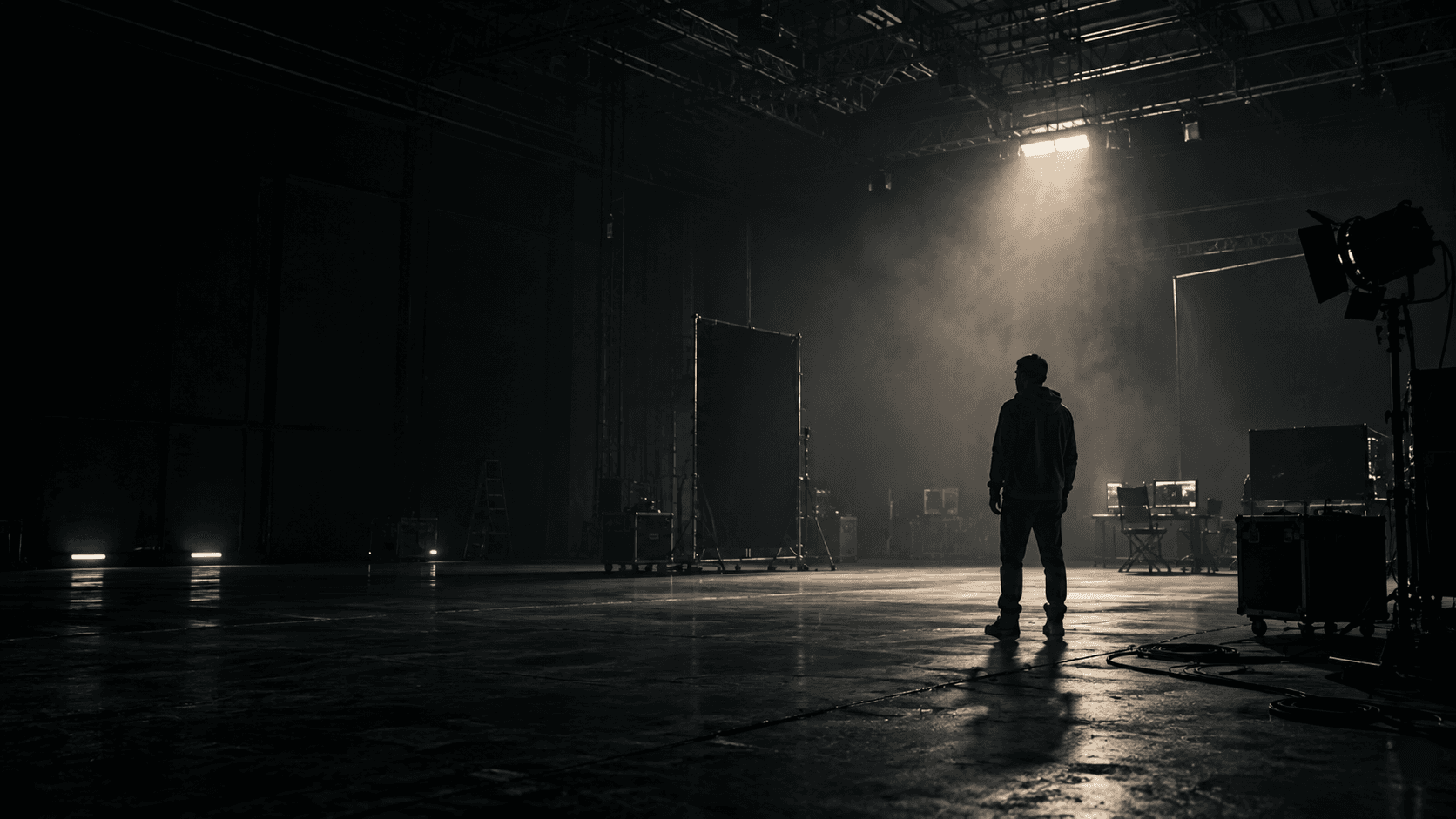 Production raw plate — a solitary figure standing in a hazy film studio